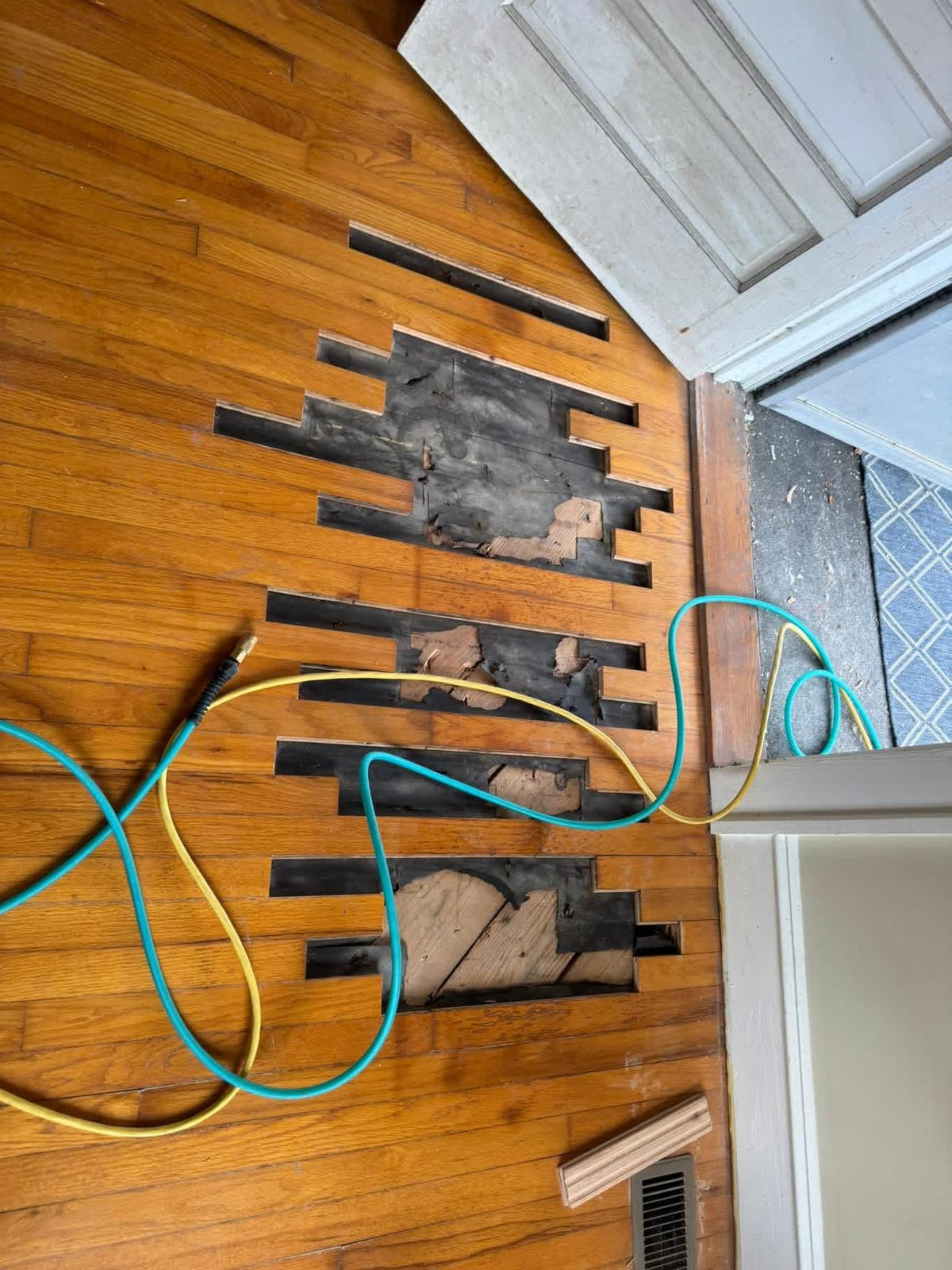 Hardwood floor board repair in progress near an entryway