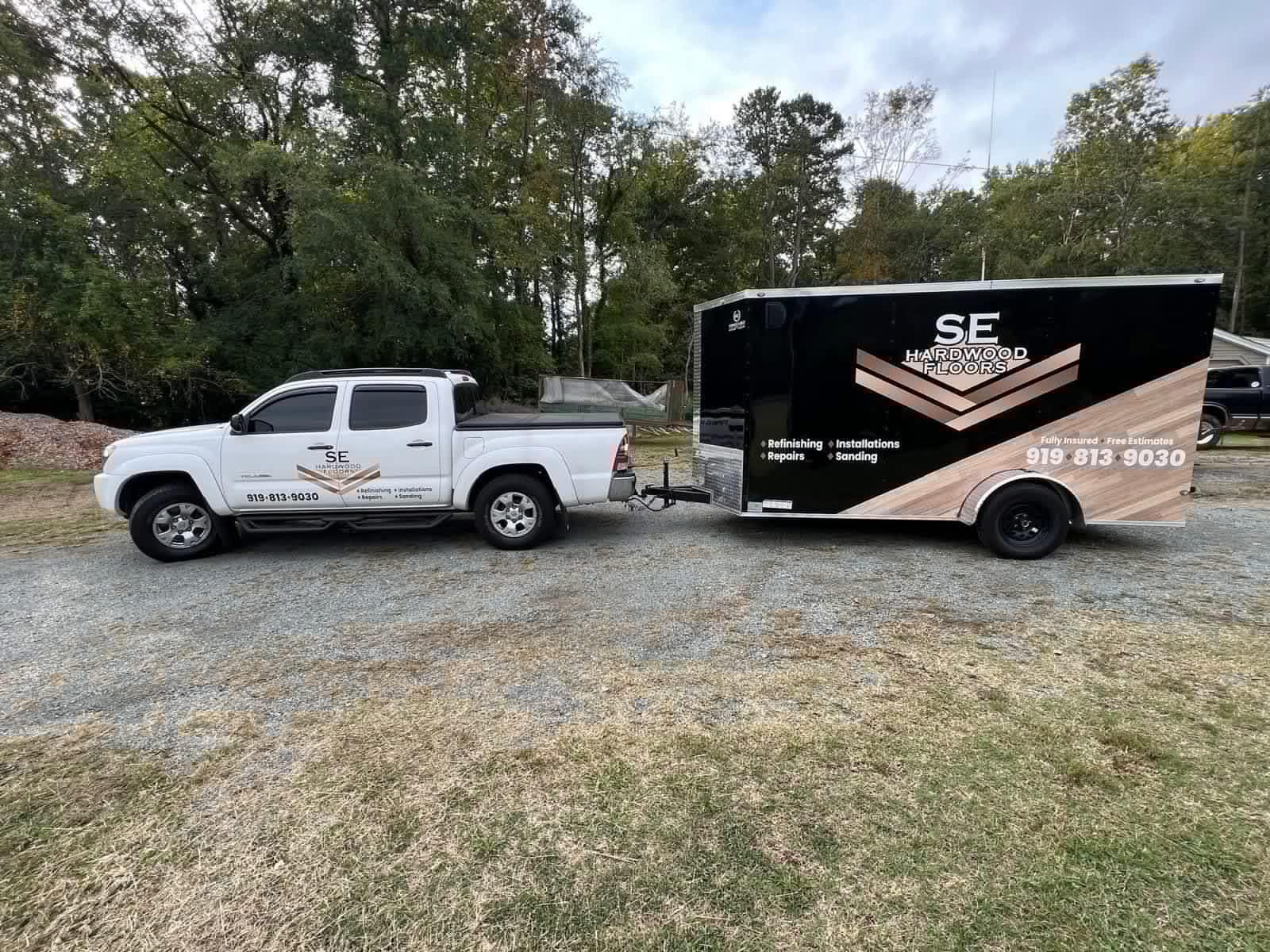 SE Hardwood Floors truck and branded equipment trailer